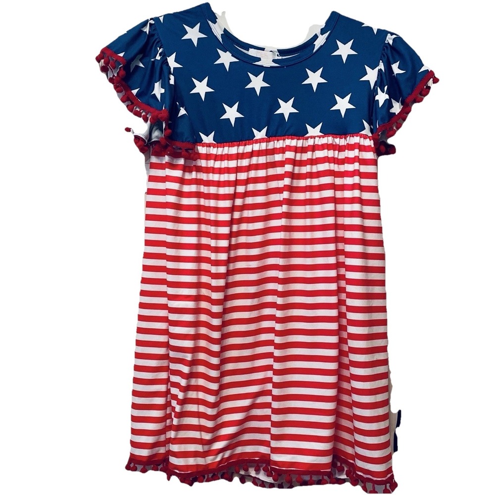 Mila & Rose Kids Patriotic Stars and Stripes Pom Pom Dress Red White Blue 7-8T